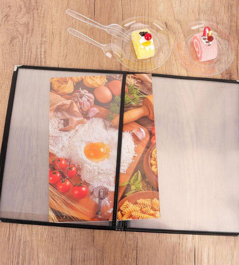 Menu de restaurant en plastique transparent avec bord en cuir , 6 pages, 12 vues, format A4 8,5 x 11 pouces